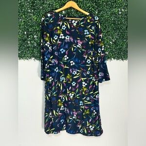 J. Jill womens Shift Dress Blue Floral 3/4 sleeve Seam Pockets Midi Length XL